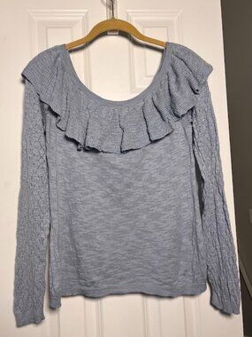 LC Lauren Conrad Heather Light Blue Ruffle Neck Pointelle Knit Off-The-Shoulder